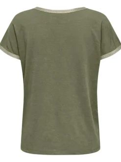 T-shirt slim manches courtes kaki uni à col v avec fibres métalliques