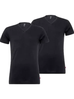 T-shirts noirs en coton unis avec une coupe droite et un col v