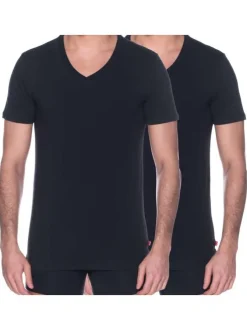 T-shirts noirs en coton unis avec une coupe droite et un col v