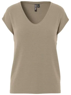 T-shirt taupe uni avec une coupe droite et des manches courtes