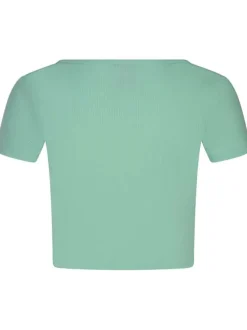 T-shirt turquoise côtelé à coupe crop top col rond et à manches courtes