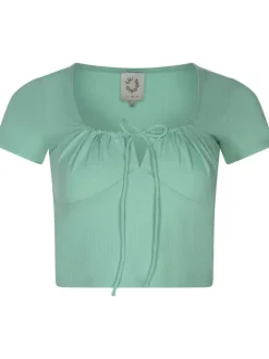 T-shirt turquoise côtelé à coupe crop top col rond et à manches courtes