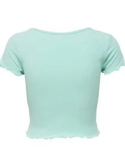 T-shirt turquoise uni col v à manches courtes et à froufrous