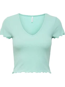 T-shirt turquoise uni col v à manches courtes et à froufrous
