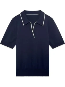 T-shirt type polo bleu marine uni avec un col v à revers et des liserés blancs
