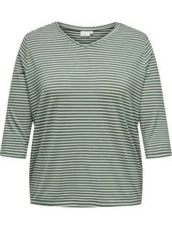 T-shirt vert et blanc pourvu d'un motif à rayures et de manches 3/4
