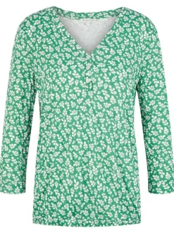 T-shirt vert fleuri coupe droite avec un col v et des manches longues
