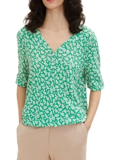 T-shirt vert fleuri coupe droite avec un col v et des manches longues
