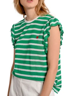 T-shirt vert rayé avec une coupe droite un col rond et des manches courtes