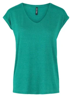 T-shirt vert rayé coupe droite col V à manches courtes en lurex