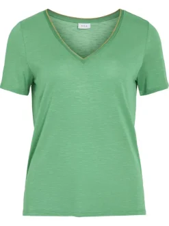 T-shirt vert rayé coupe droite col V à manches courtes en lurex