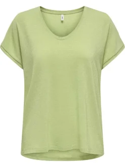 T-shirt vert tilleul à rayures fines pailletées avec une coupe fluide et à col v