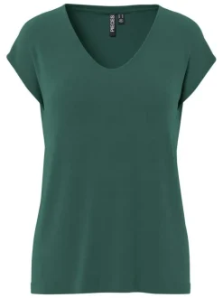 T-shirt vert uni avec un col v arrondi et des manches courtes