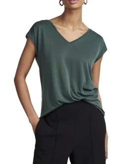 T-shirt vert uni avec un col v arrondi et des manches courtes