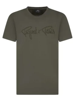 T-shirt vert uni avec une coupe droite à col rond et des manches courtes
