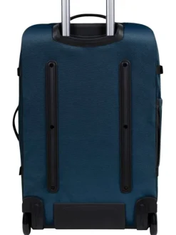Valise bleue unie à roulettes pourvue d'une fermeture zippée et à code