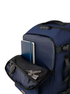 Valise à roulettes S bleue marine unie avec des bretelles au dos