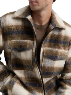 Veste beige à motif écossais avec un col chemise et manches longues