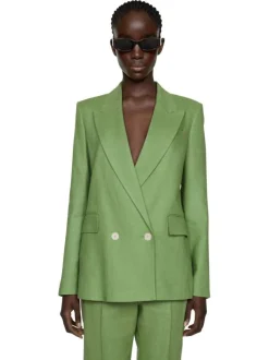 Veste blazer en lin vert uni avec une oupe droite et des manches