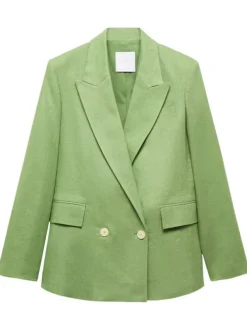 Veste blazer en lin vert uni avec une oupe droite et des manches