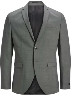 Veste blazer gris avec boutons et poches passepoilées à l'avant