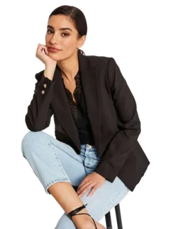 Veste blazer noire unie avec une coupe droite et des manches longues