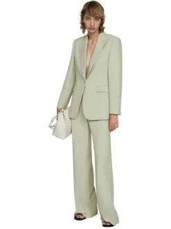 Veste Blazer verte unie coupe droite avec un col cranté et des manches longues