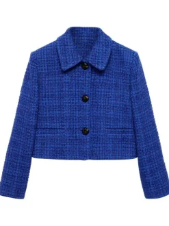 Veste Blouson bleue chinée boutonnée avec une coupe droite et un col français