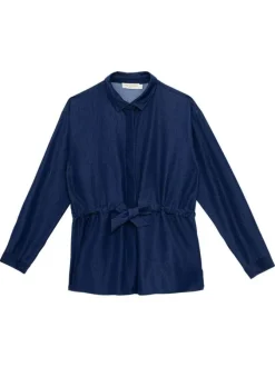 Veste Clarisa bleue unie pourvue d'un col chemise et d'une coupe droite