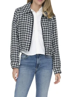 Veste courte bleue marine zippée à imprimé pied de poule avec un col à revers