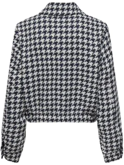 Veste courte bleue marine zippée à imprimé pied de poule avec un col à revers