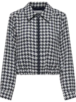 Veste courte bleue marine zippée à imprimé pied de poule avec un col à revers