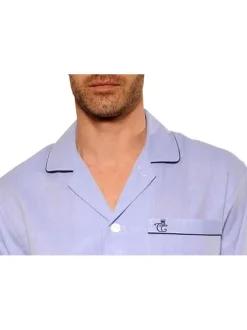 Veste de pyjama en popeline de coton ciel unie à coupe droite et col à revers