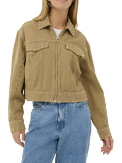 Veste en coton camel unie pourvue d'une coupe droite et d'un col chemise