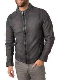 Veste en cuir de mouton gris uni à coupe regular fit avec col à capuche amovible