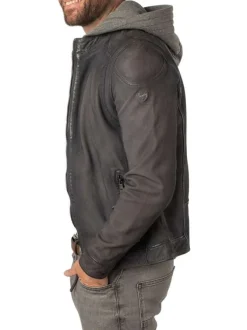 Veste en cuir de mouton gris uni à coupe regular fit avec col à capuche amovible