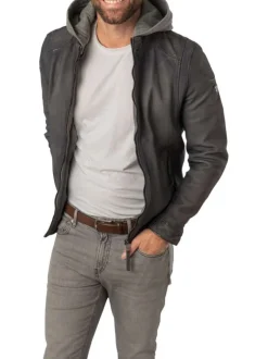 Veste en cuir de mouton gris uni à coupe regular fit avec col à capuche amovible