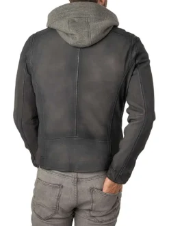Veste en cuir de mouton gris uni à coupe regular fit avec col à capuche amovible