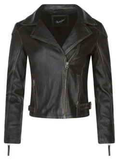 Veste en cuir de mouton noire unie avec une coupe droite et un col à revers