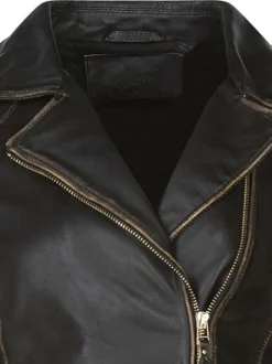 Veste en cuir de mouton noire unie avec une coupe droite et un col à revers