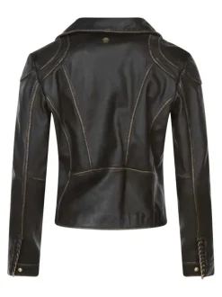 Veste en cuir de mouton noire unie avec une coupe droite et un col à revers