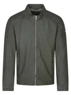 Veste en cuir de mouton olive unie avec une coupe droite et un col montant
