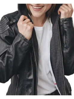 Veste en cuir souple avec une capuche amovible en sweat zippé