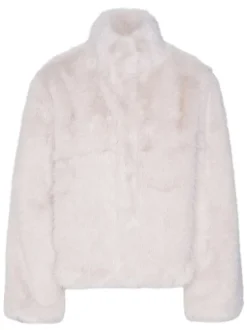 Veste en fourrure écrue unie avec un col montant et une coupe courte