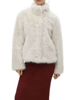 Veste en fourrure écrue unie avec un col montant et une coupe courte