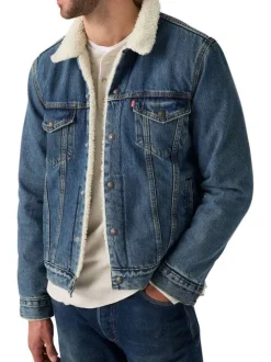 Veste en jean bleue en coton avec une coupe droite et un col à revers en sherpa