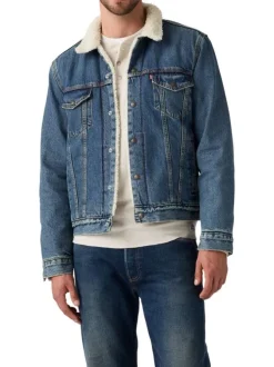 Veste en jean bleue en coton avec une coupe droite et un col à revers en sherpa