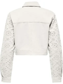 Veste en jean courte en coton blanche avec de la broderie ajourée et des poches