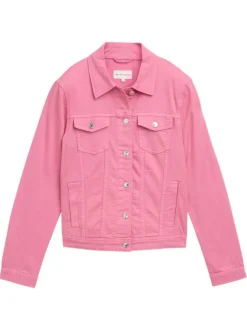 Veste en jean courte en coton rose unie avec un col à revers
