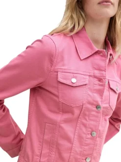 Veste en jean courte en coton rose unie avec un col à revers